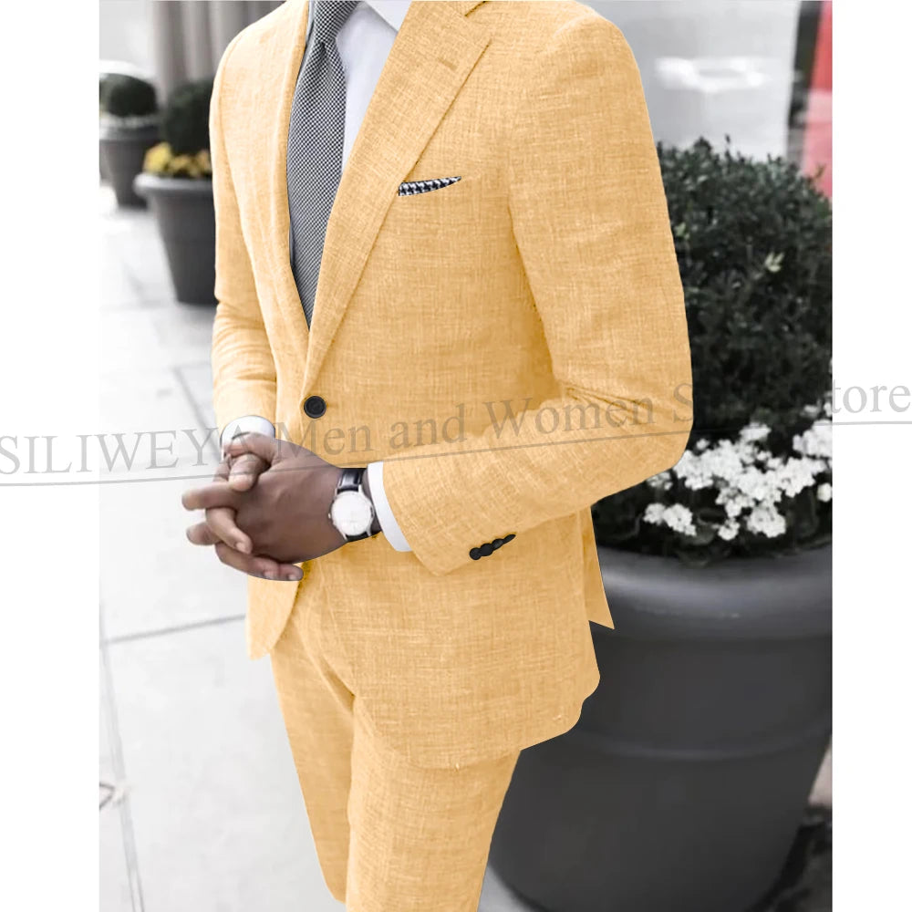 2025 Dark Gray Linen Men's Suit Bridegroom Tuxedo Tailor-Made Wedding Custom Single Breasted Male Blazer 2 pcs(Jacket+pants)