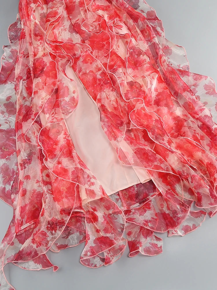 New Sexy Sleeveless V Neck Printed Ruffles Long Dress Women Spaghetti Strap Floral Printing Split Dress Holiday Party Sundress