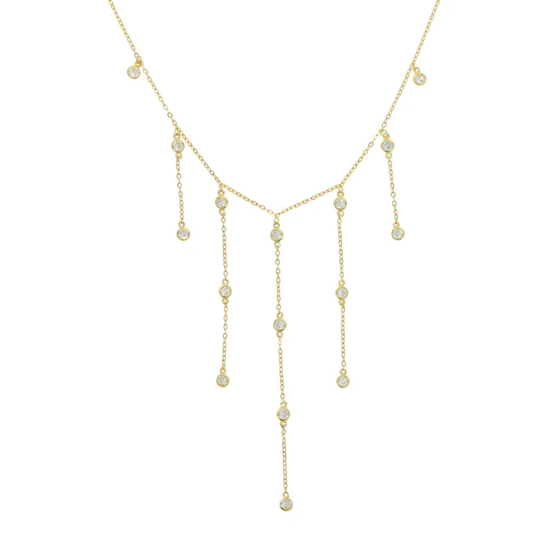 Sexy Long Y Lariat Women Necklace CZ Iced Out Bling Tiny Round Zircon Stone 925 Sterling Silver 35+10cm Choker Fashion Jewelry