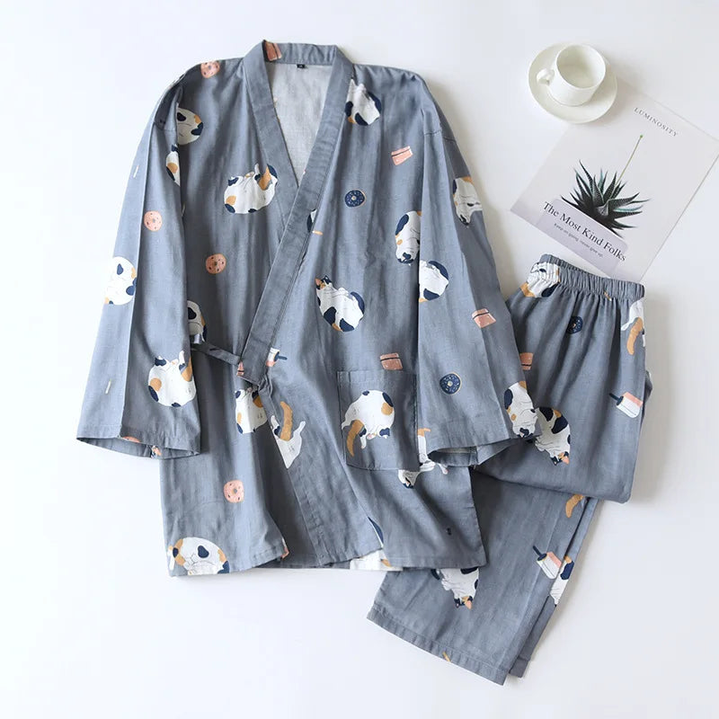 Japanese-style kimono two-piece couple pajamas cover men and women pure cotton gauze cute kitten thin homeware sleepware nighty