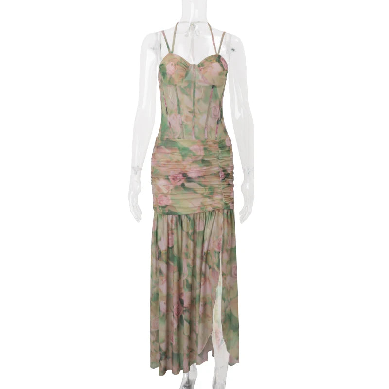 Candyhot Sexy High Waist Split Floral Print Bodycon Spaghetti Strap Dress Summer Fashion Party Vacation Beach New Women Vestidos