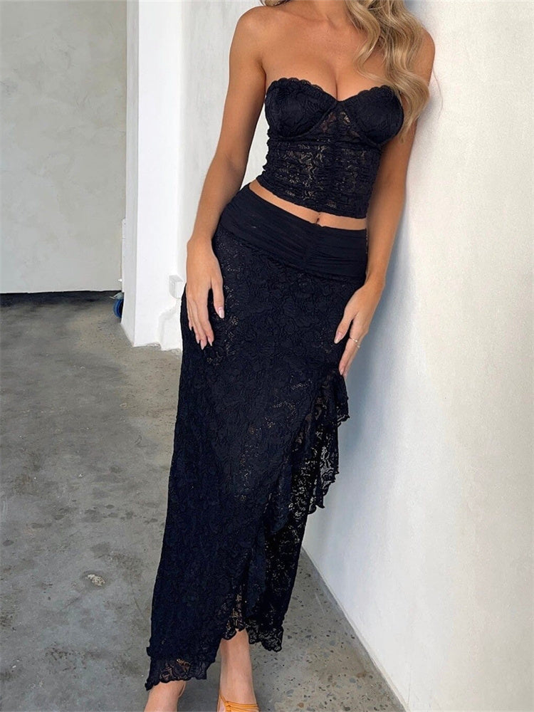 CHRONSTYLE Lace Floral 2pcs Set for Women Beach Summer Clubwear Strapless Bustiers Crop Tops Ruched High Split Long Skirts 2023
