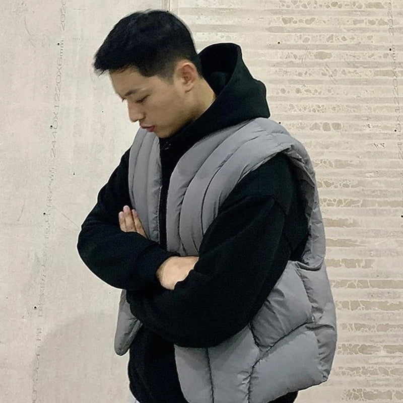 Linear Split Silhouette Autumn Winter Tops for Men Warm Loose High Street Padded Waistcoat Deconstructed Vibe Nylon Zipper Vest