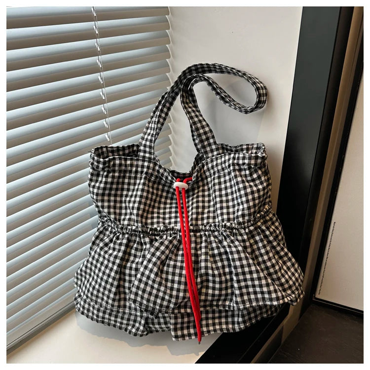 Korean Sle Large Capaci Canvas Tote Bag Blue Plaid Single oulder Skirt Pleated Gown Bag Faionable Casual Handbag