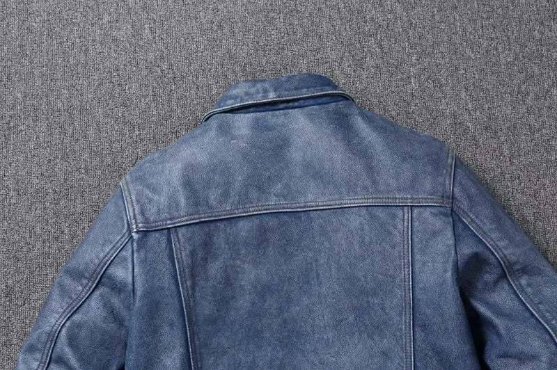 New Navy Blue Top Layer Cowhide Genuine Leather Jacket Men's Short Slim Fit Retro Motorcycle Lapel Casual Jacket Trendy