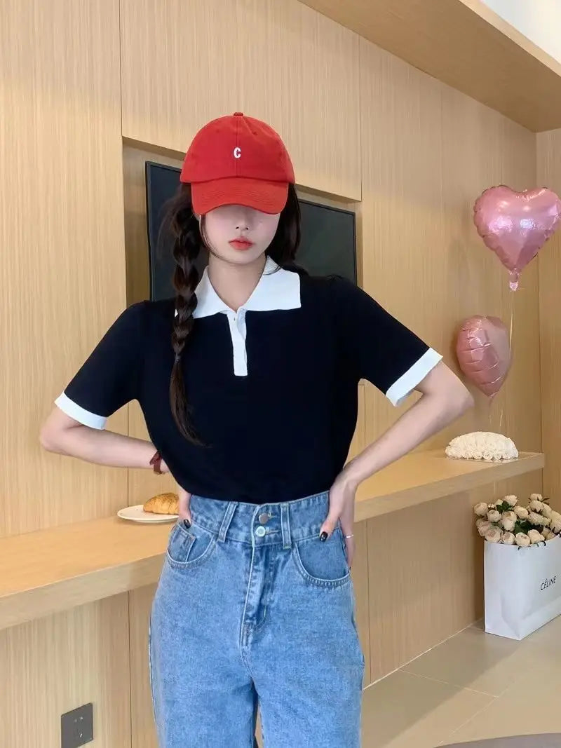 College Style Summer New Knitted Short-sleeved Ice Silk T-shirt Women's Polo Shirt Design Niche Short Underwear Top