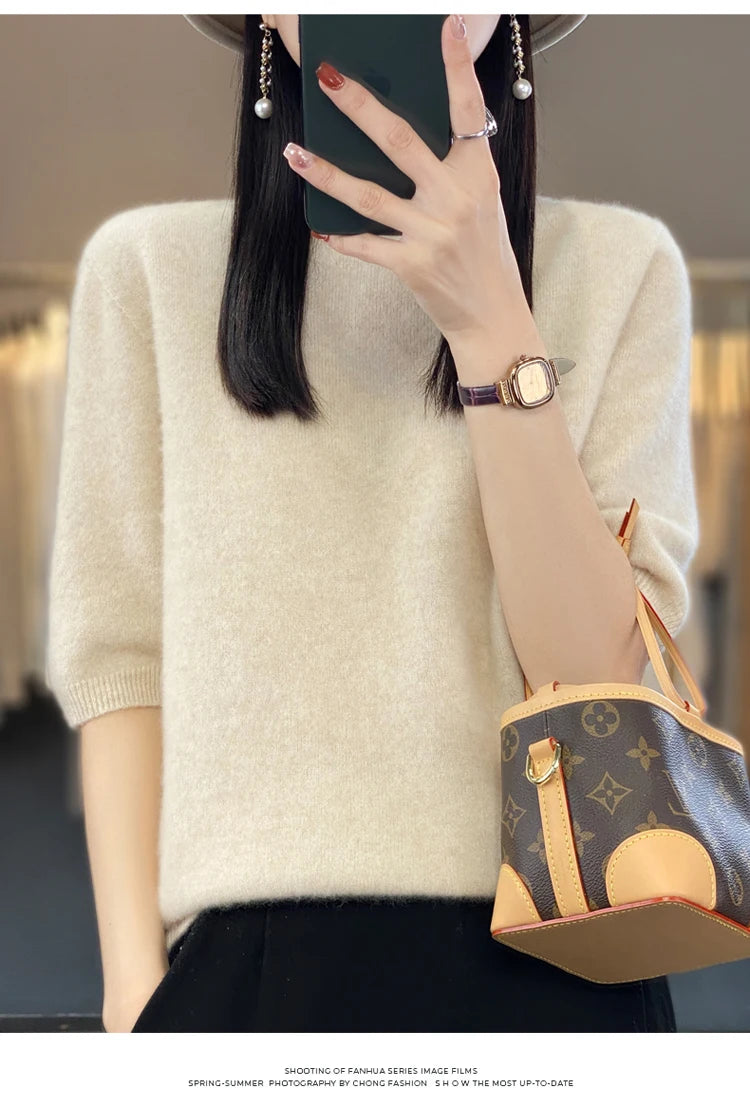 100% pure wool short sleeve summer new women's semi-high neck pullover blouse loose knit vest fashion T-shirt