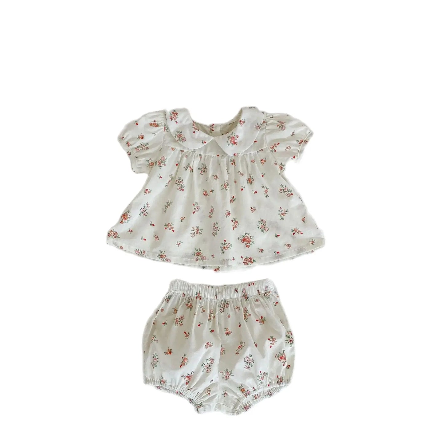Summer New 0-3-year-old Girl's Versatile Set with Baby Doll Neck Short Sleeve Fragmented Flower Top+Bread Pants 2-piece Girl Set