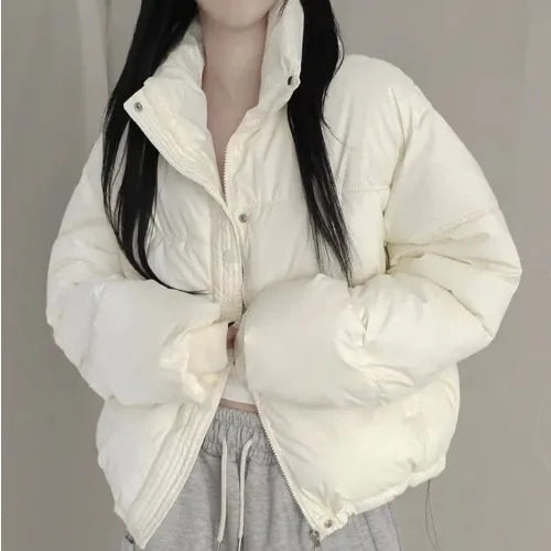 Women's Cotton Jaet 2024 New Winter ort Faion Stand Collar Bread Sle Warmth Outerwear Korean Loose Fit Zipper Closure