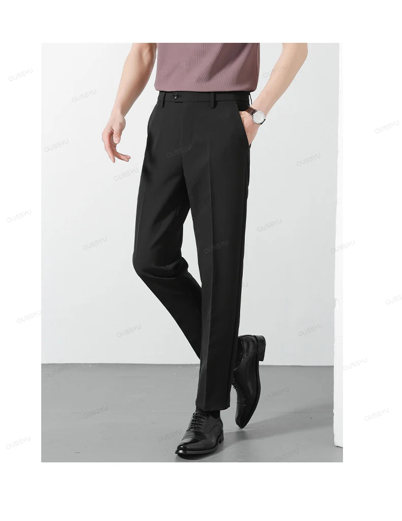 Spring Summer Suit Pants Men Business Smooth Slim Business Office Social Elastic Waist Ankle Length Formal Korean Trousers Male