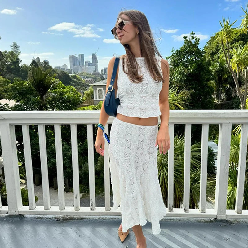WhereMery Temperament Y2K Casual Streetwear Suits Summer Slim Sleeveless Lace Hollow Top and White Beach Skirt Women 2 Piece Set