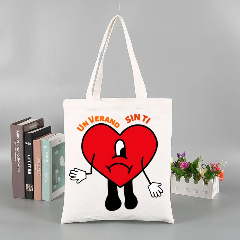 Un Verano Sin Ti Gift Bag Set, Bad Bunny Print Tote Bag, Casual Canvas Shoulder Bag with Mini Storage Bag