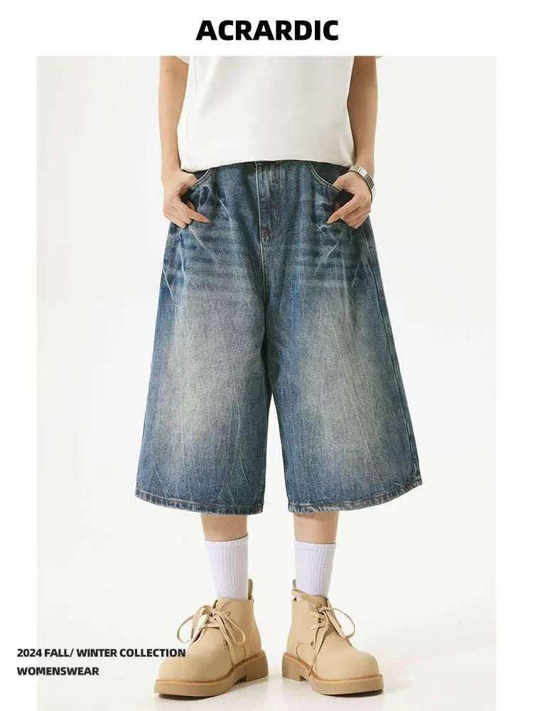 American High Street Lightning Jeans Men's Straight Leg Wide Leg Hip Hop Cool Retro American Seven-Foot Blue Shorts