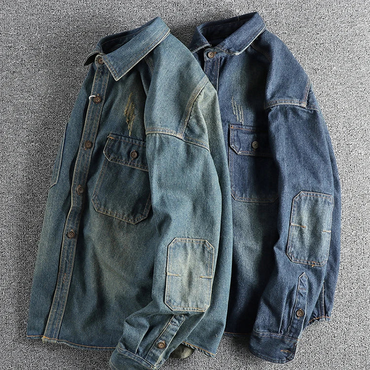 Sping New Japanese Retro High Quality Denim Cargo Shirt Men's Fashion 100% Cotton Washed Old Thick Double Pocket Casual Jacket