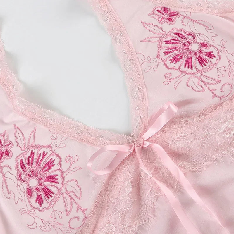 Pink Floral Embroidery Bow Lace Trim Halter Top Pink Vacation Cute Fashion Y2k Crop Tops for Woman Summer 2025