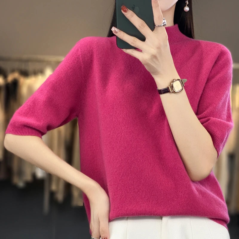 100% pure wool short sleeve summer new women's semi-high neck pullover blouse loose knit vest fashion T-shirt