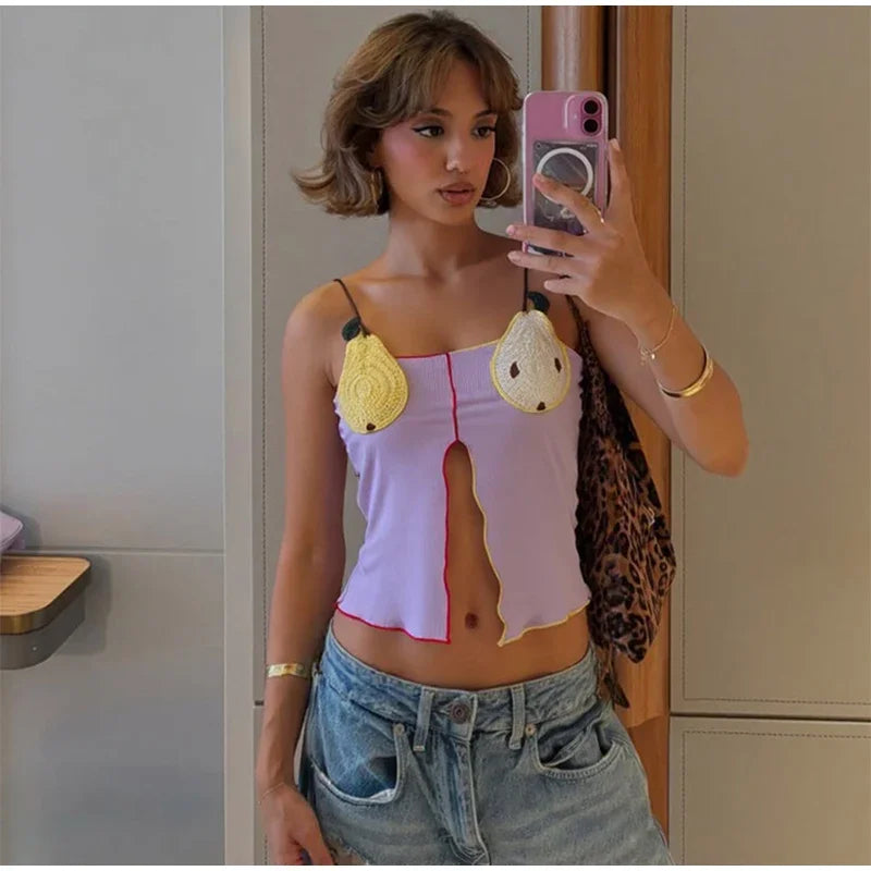 Rib Embroidery Split Tank Top Women Sleeveless Backless Slim Contrast Color Strap Party Vest Summer 2025 Fashion Lady Tops