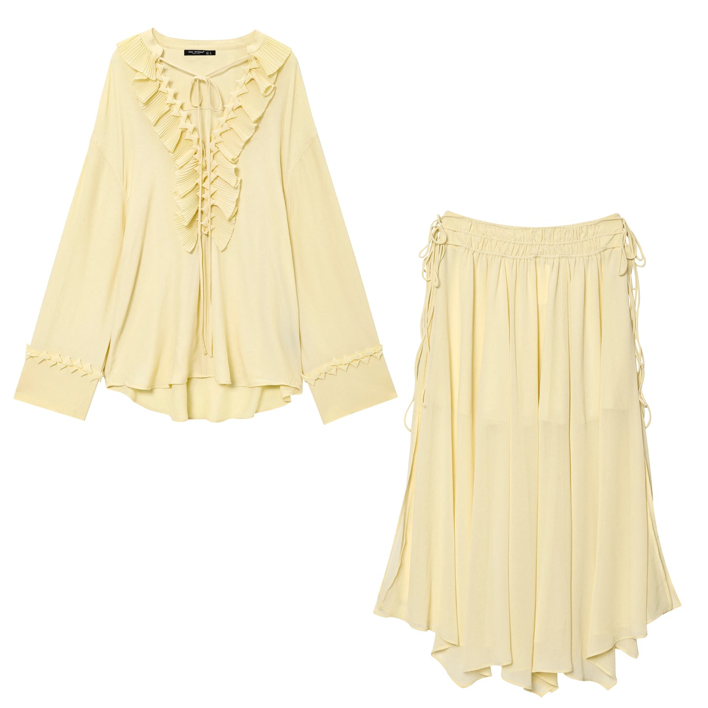 TRAFZA Vintage Chic Yellow Tie Up Women Blouse V-Neck Ruffles Long Sleeve Lace-up Bow Shirts Fashion 2025 Spring Summer Blouses