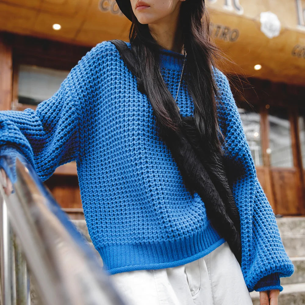 MADEN Women Cornflower Blue Knitted Sweater 2024 New Autumn Winter Long Sleeve Curled Collar Knitwear Warm Pullover Sweater