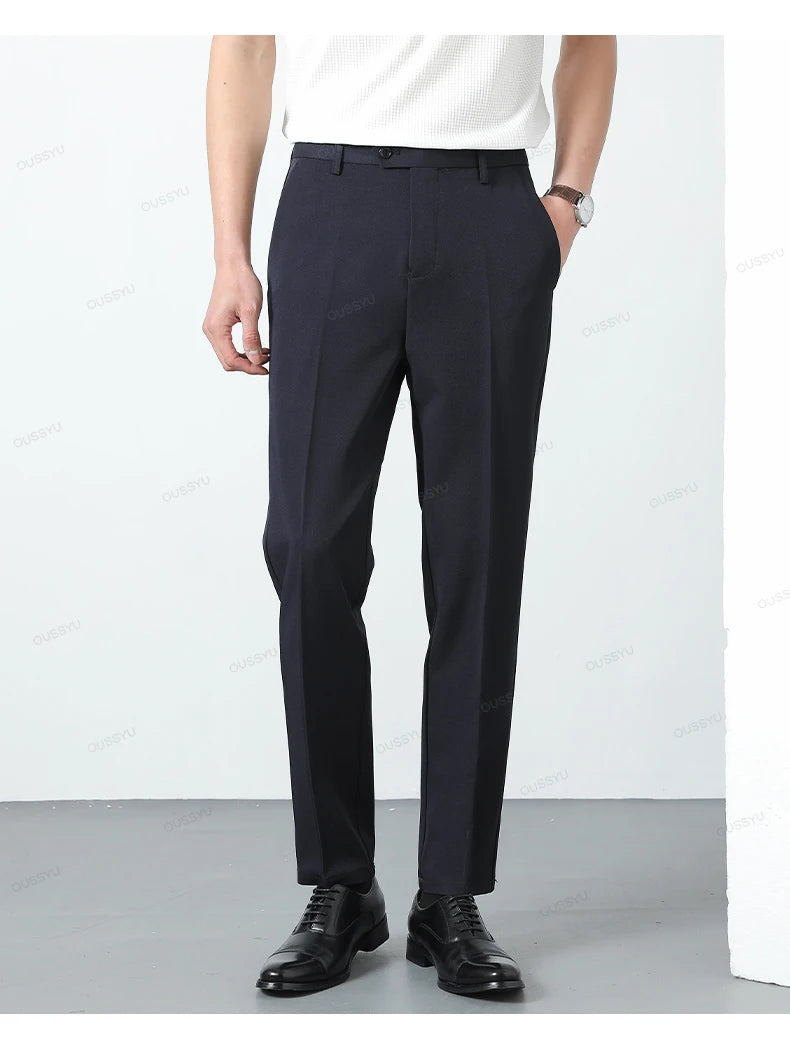 Spring Summer Suit Pants Men Business Smooth Slim Business Office Social Elastic Waist Ankle Length Formal Korean Trousers Male