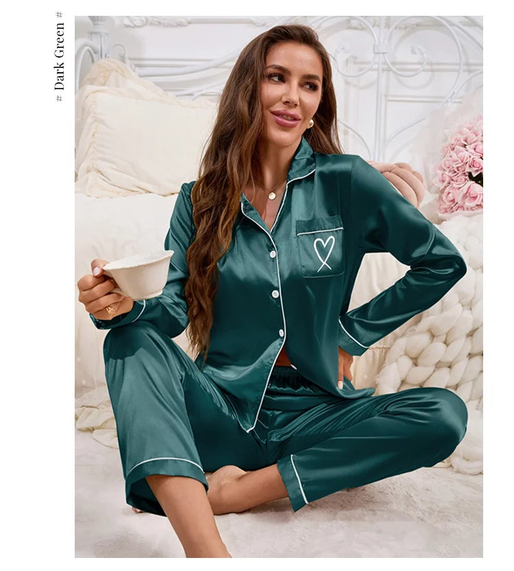 Women's Home Clothes Satin Pajama Autumn Long Sleeve Pocket Heart-shaped Embroidery Tops & Pants Pyjama Femme Loungewear Pj Set