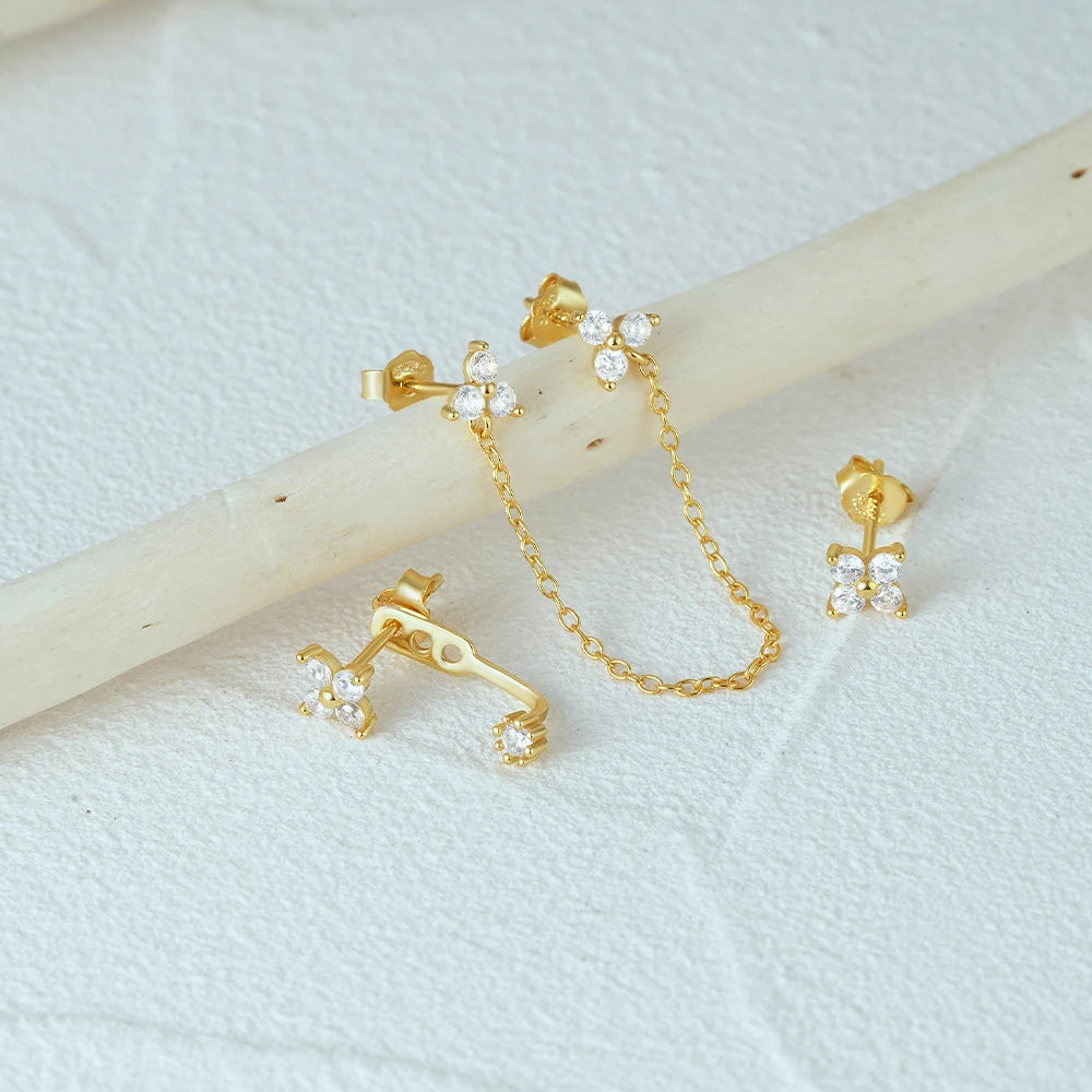 Aide 925 Sterling Silver 3pcs Set Two Stud Tassel K Gold Chain Flower Zircon Earrings For Women Fine Jewelry Valentine Day Gift