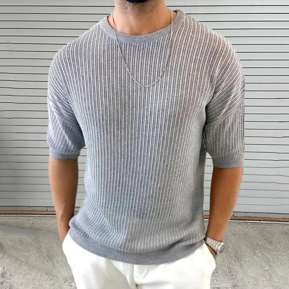 Summer New Men's Solid Color Knitted Hollow Short-Sleeved T-Shirt Retro Fashion Trend Casual Simple Daily Breathable Men's Tops