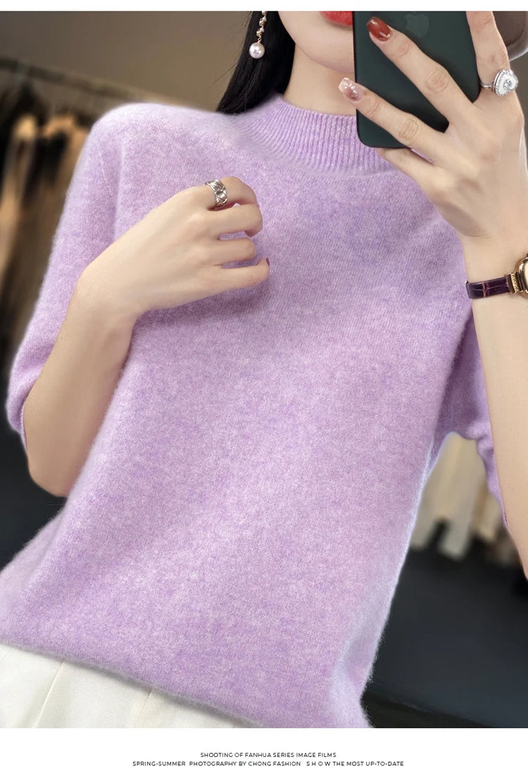 100% pure wool short sleeve summer new women's semi-high neck pullover blouse loose knit vest fashion T-shirt