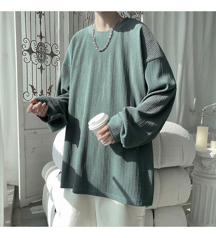 2024 Spring Autumn Casual Long Sleeve T Shirts Men Loose Round Neck T-shirts Male Fashion Harajuku Korean Streetwear Tops Tees