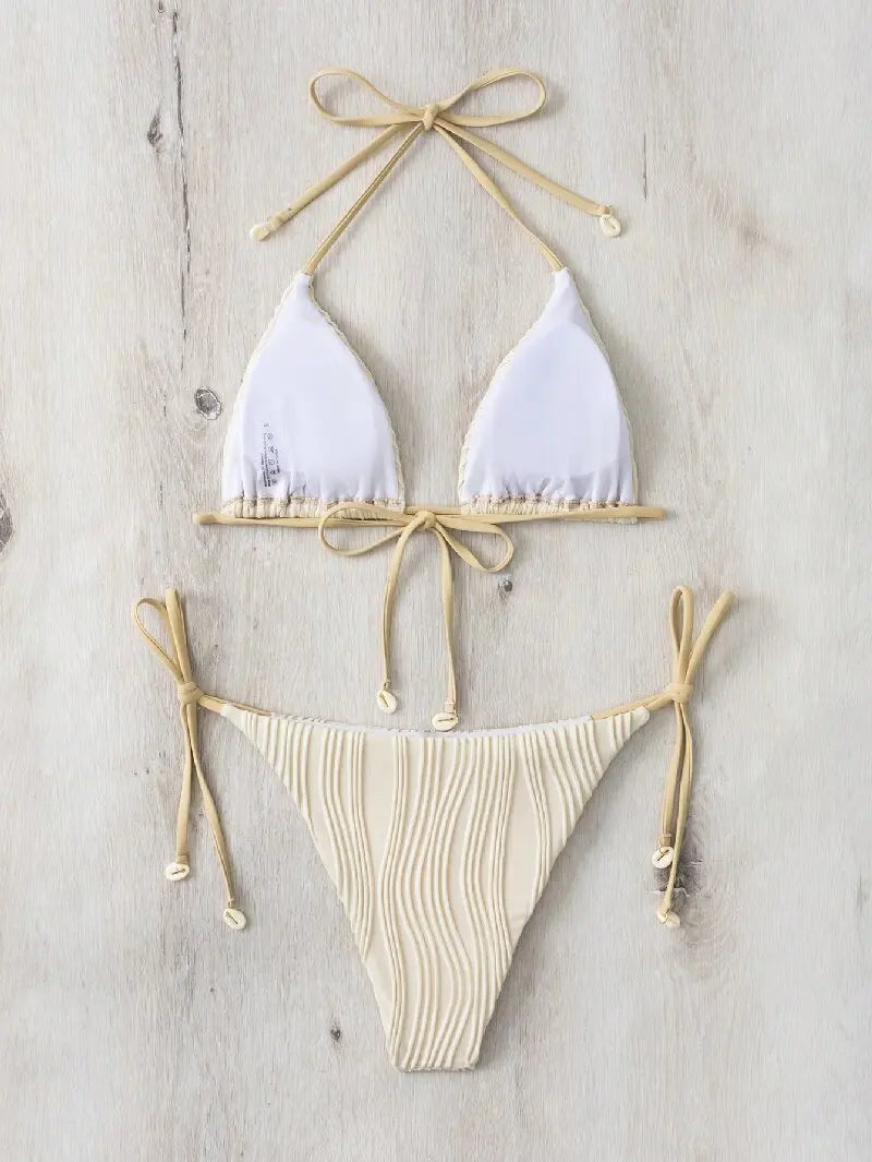 2025 New Tight Two-Piece Bikini Set Sexy Women Solid Halter Swimsuit Hollow Backless Swimwear Summer Push Up Beach Bathing Suit