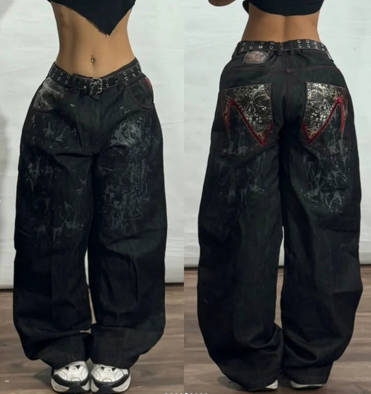 New High Waist 2025 American Retro Plant Flower Print Ladies Commuter Wide-leg Jeans Youthful and Beautiful Out of The Street