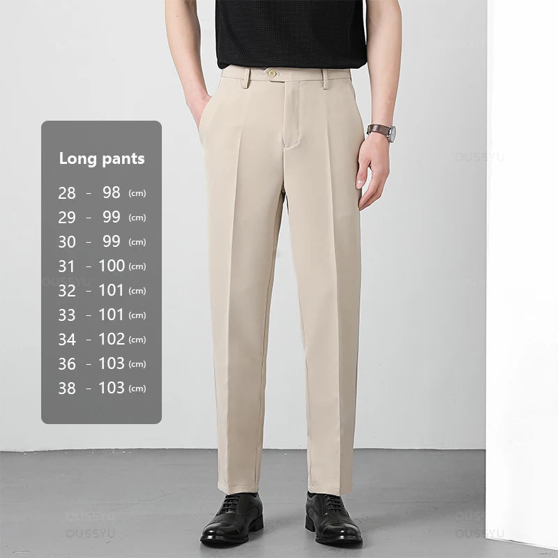 Spring Summer Suit Pants Men Business Smooth Slim Business Office Social Elastic Waist Ankle Length Formal Korean Trousers Male