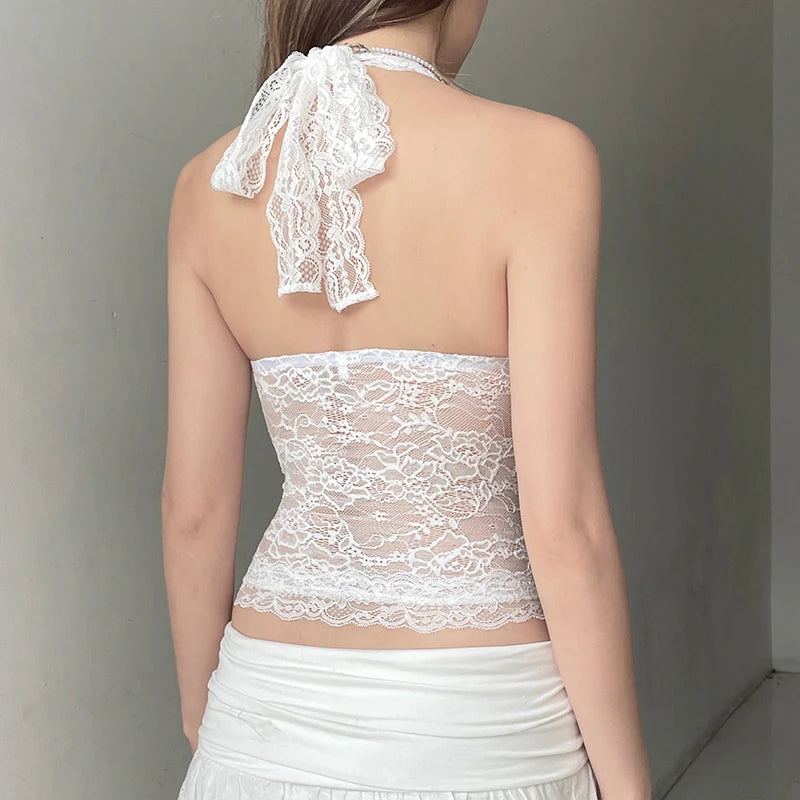 Cuteandpsycho Sexy Lace Patchwork Y2K Camisoles Backless Transparent Slim Outfits Party 90s Vintage Clubwear Halter Neck Tops