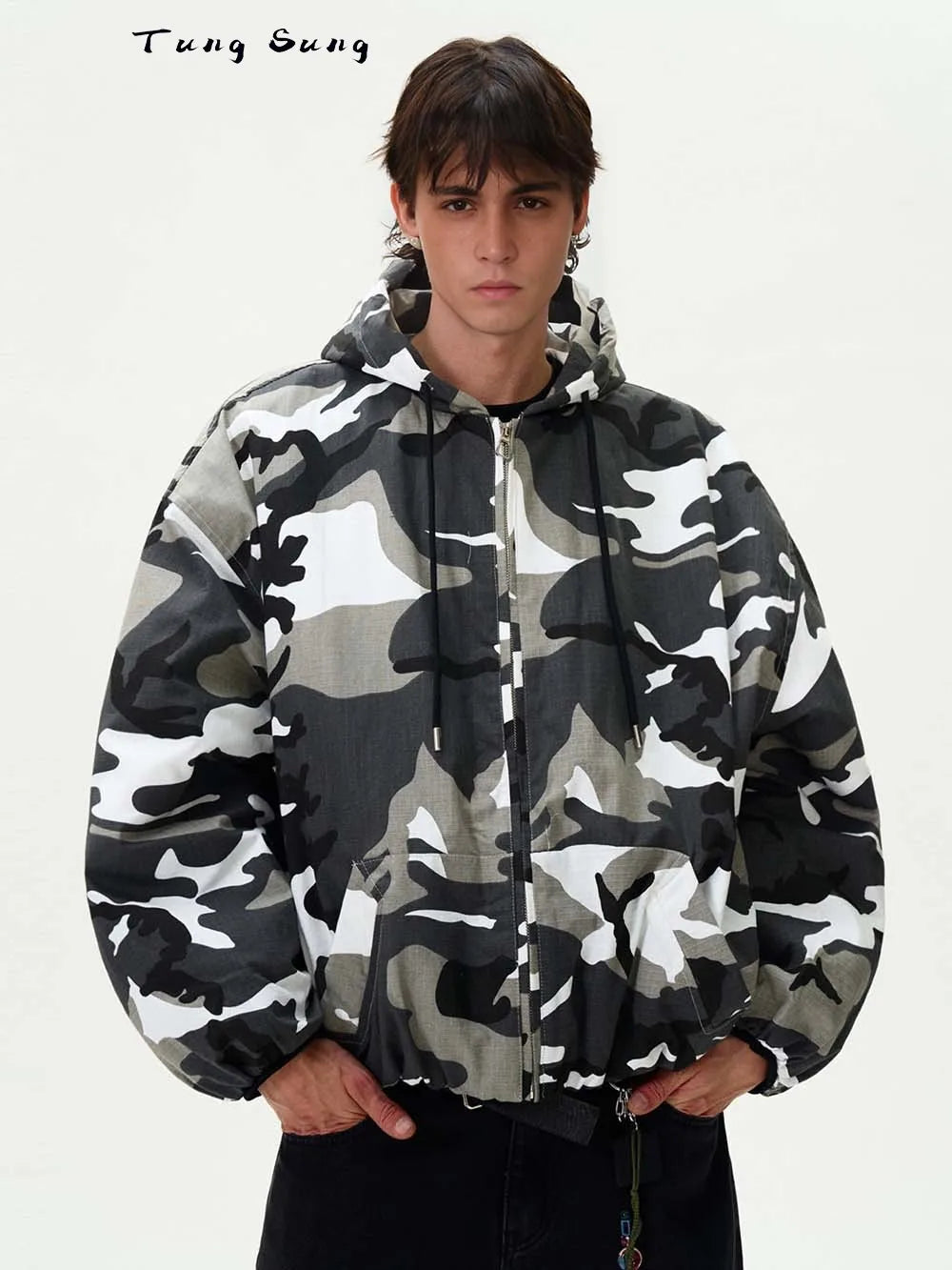 Tung Sung Camouflage Hooded Puffer Jacket Men's and Women's Loose Short Coat Men Winter