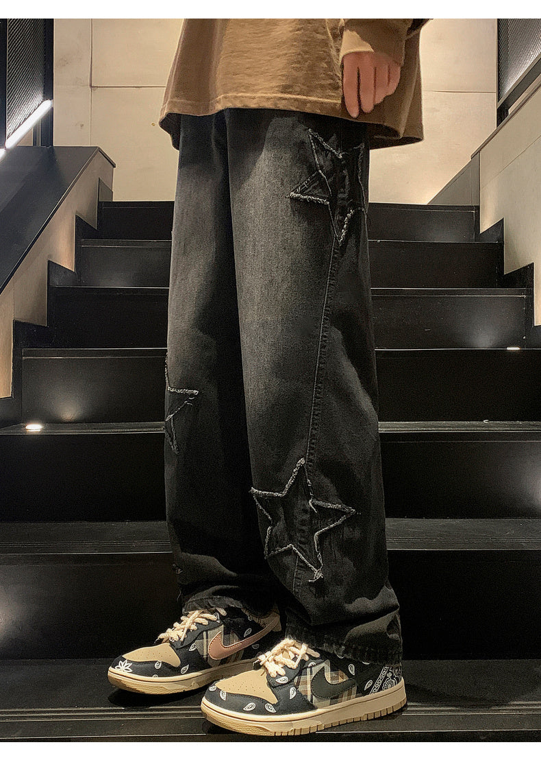 Star Embroidery Straight Casual Men Jeans Gothic Neutral New Wide Leg Loose Hip-hop Fashion Youth Streetwear Denim Trousers Y2K