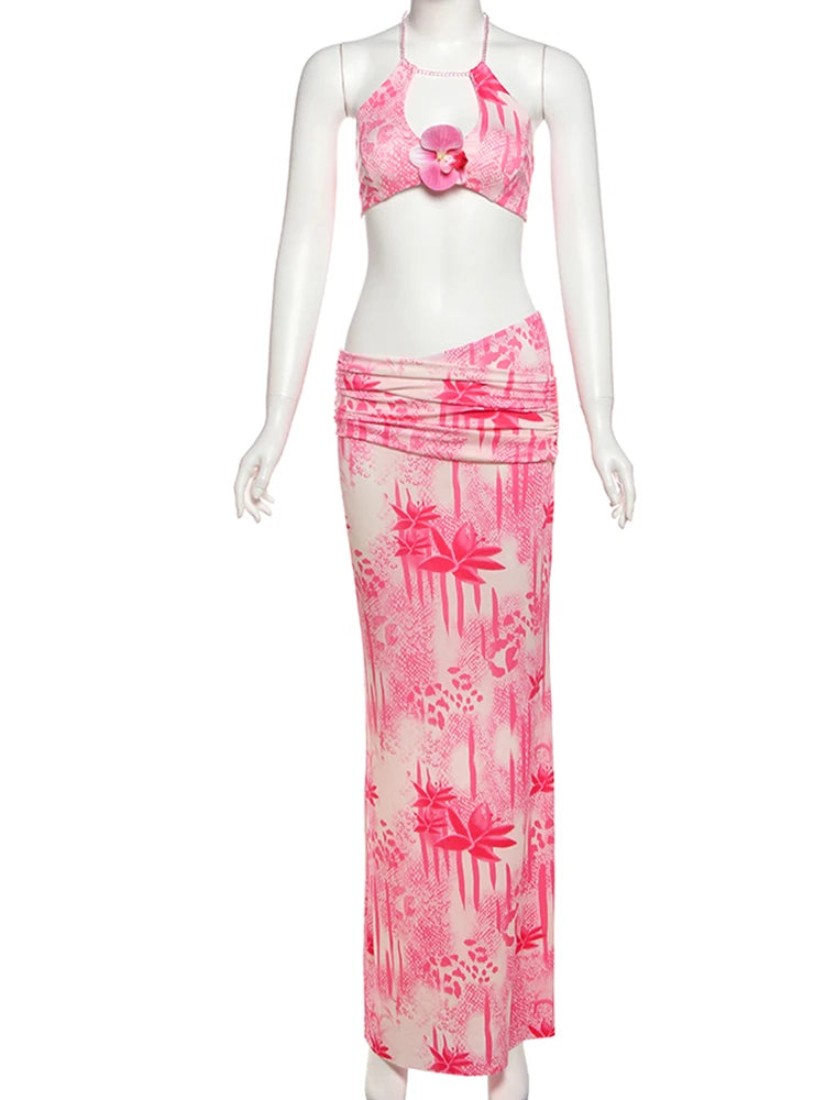 Sisterlinda Tie Dye Stunning 2 Piece Set Hipster Halter Low Neck Bandage Mini Tanks+Matching Maxi Skirts Female Holiday Outfits