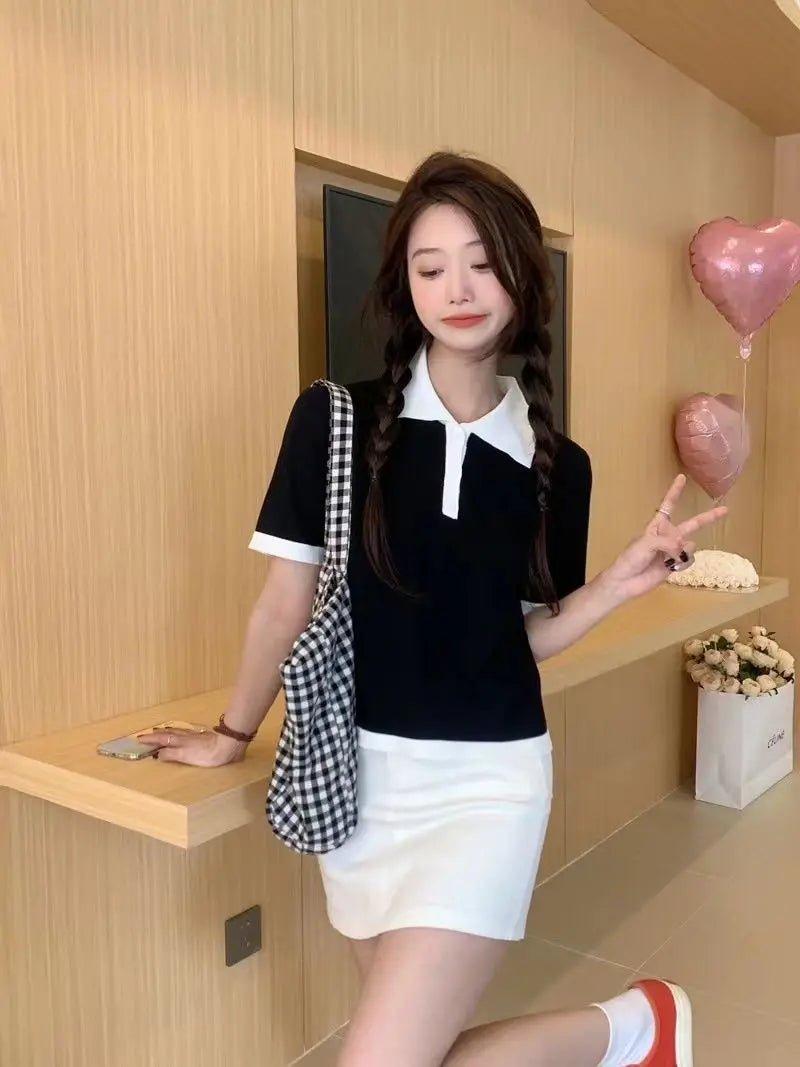 College Style Summer New Knitted Short-sleeved Ice Silk T-shirt Women's Polo Shirt Design Niche Short Underwear Top