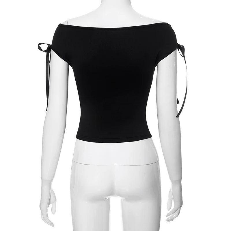 CUTENOVA 2024 Summer Solid Color Sexy Off Shoulder Tops Lace Up Sleeveless T-Shirt Casual Slim Crop Top Black Short Sleeve Wome