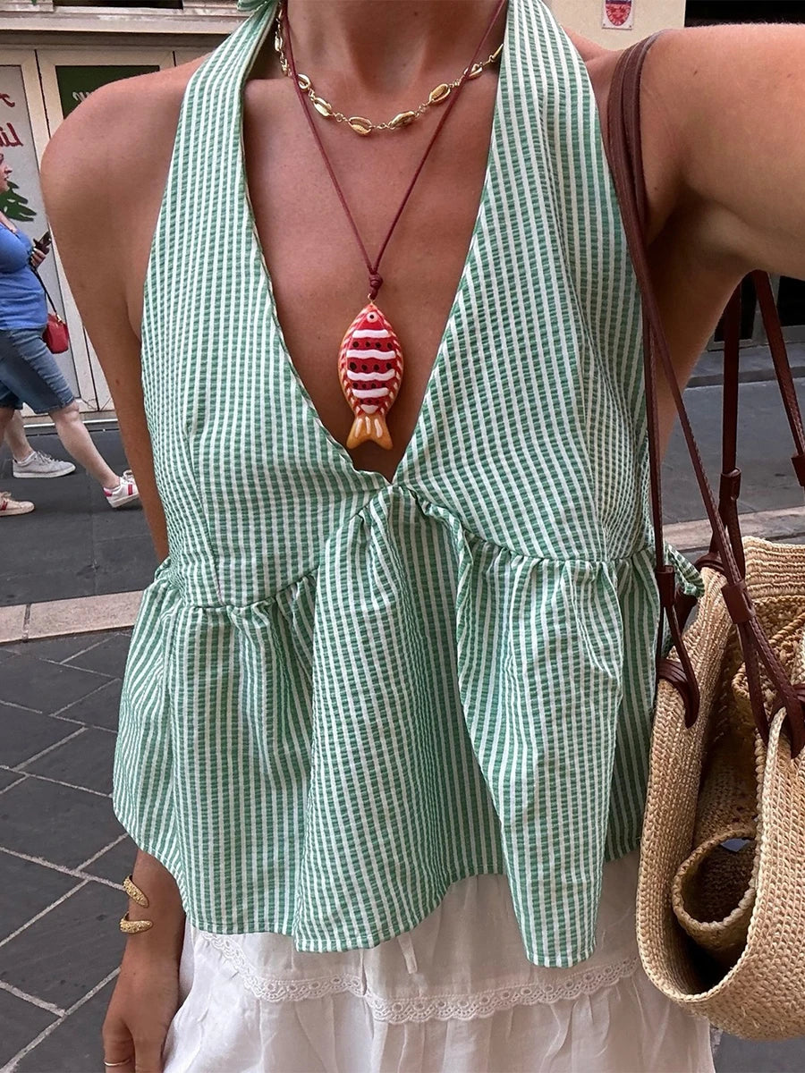 Women Plaid Babydoll Tank Tops Tie-up Halter Sleeveless Open Back Vest Summer Crop Shirts Streetwear