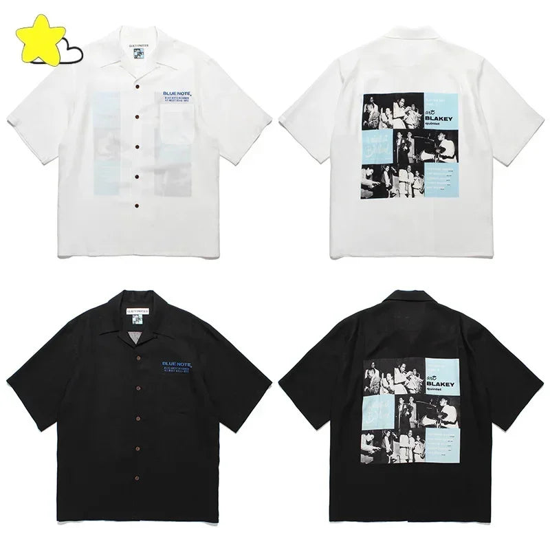 Summer Blue Letters Embroidery WACKO MARIA Shirts Men Women Graphics Print Hawaiian Short Sleeve Tee Casual Fashion Beach Shirt
