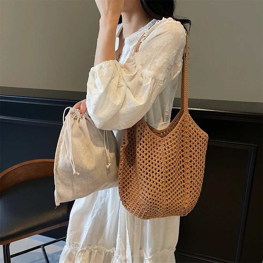 2025 Latest Summer Beach Straw Woven Tote Bag For Women 2-IN-1 Hollow-out Lightweight Large Capacity Shopper Shoulder Bag Female