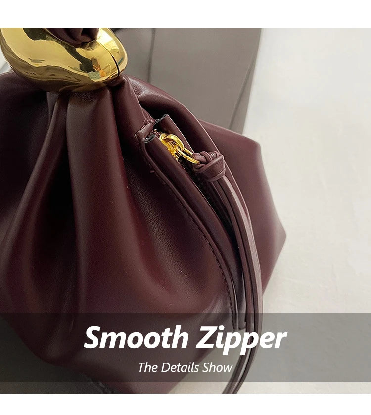 Solid Color PU Leather Handbag Pleated Cloud Shaped Women Bucket Bag, Fashionable Burgundy Women's Luxury Bag