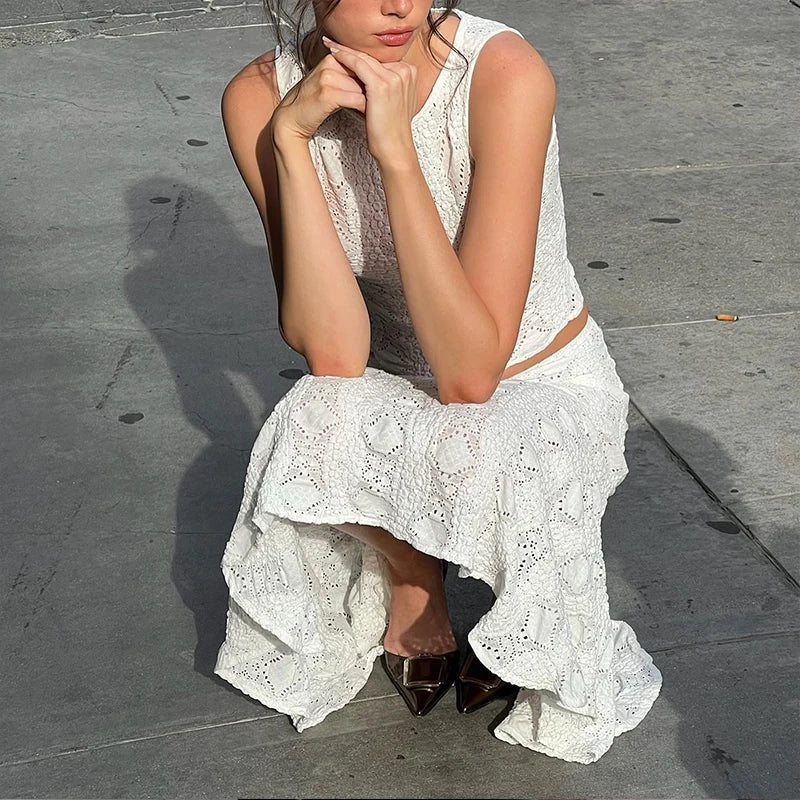WhereMery Temperament Y2K Casual Streetwear Suits Summer Slim Sleeveless Lace Hollow Top and White Beach Skirt Women 2 Piece Set