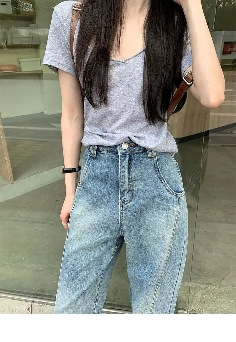 Vintage Baggy Jeans Womens' Loose-Fit Denim Pants Lightweight Bell Bottom Jean Retro Ladies' Denim Trousers Pockets Wide Pants