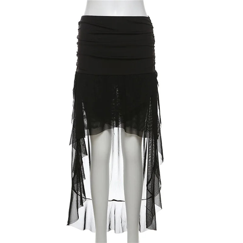 Lamuusaa Mesh Skirt y2k Clothes Women Solid Color High Waist Ruched Irregular Ruffle Hem Skirt Evening Party Skirts Streetwear