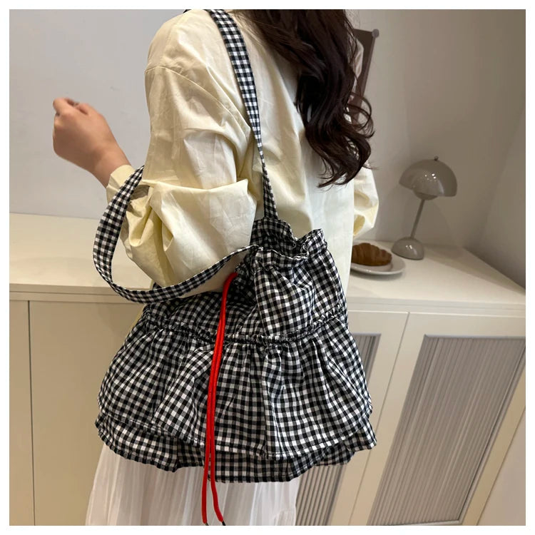 Korean Sle Large Capaci Canvas Tote Bag Blue Plaid Single oulder Skirt Pleated Gown Bag Faionable Casual Handbag