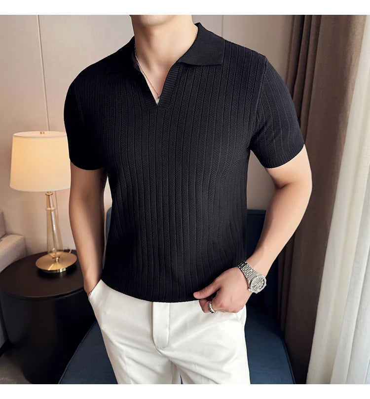 Men Striped Polo Shirt 2025 Summer Light Thin Breathable Solid Casual Elastic Slim Fit Short Sleeved V-neck T-shirt Men Clothing