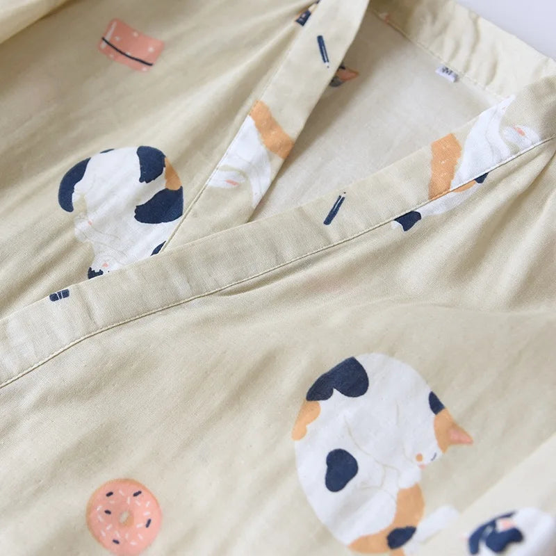 Japanese-style kimono two-piece couple pajamas cover men and women pure cotton gauze cute kitten thin homeware sleepware nighty