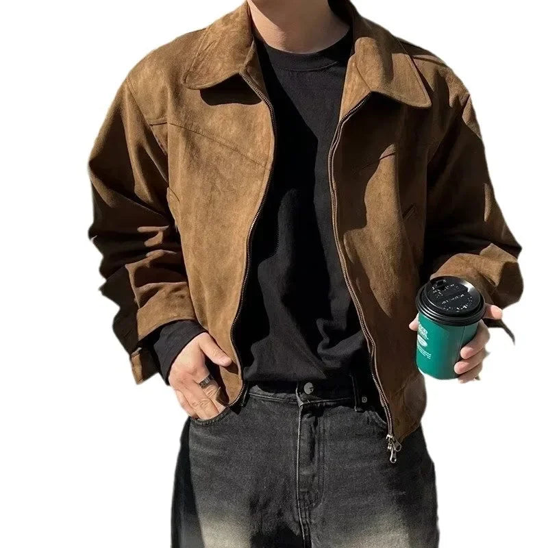 Retro High Street Suede Short Jacket Men Loose Stylish Motorcycle Collar Flight Casual Jacket Spring Autumn Fashionable Versatil