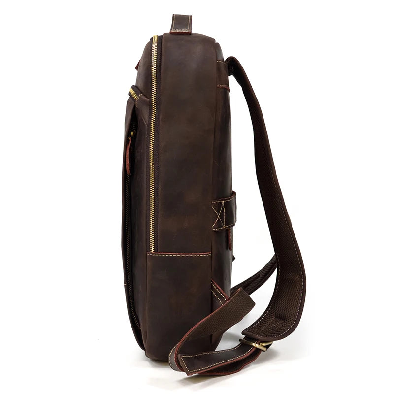 Vintage Travel Backpack leather double zipper bagpack male crazy horse leather backpack handmade leather travel bag men bag